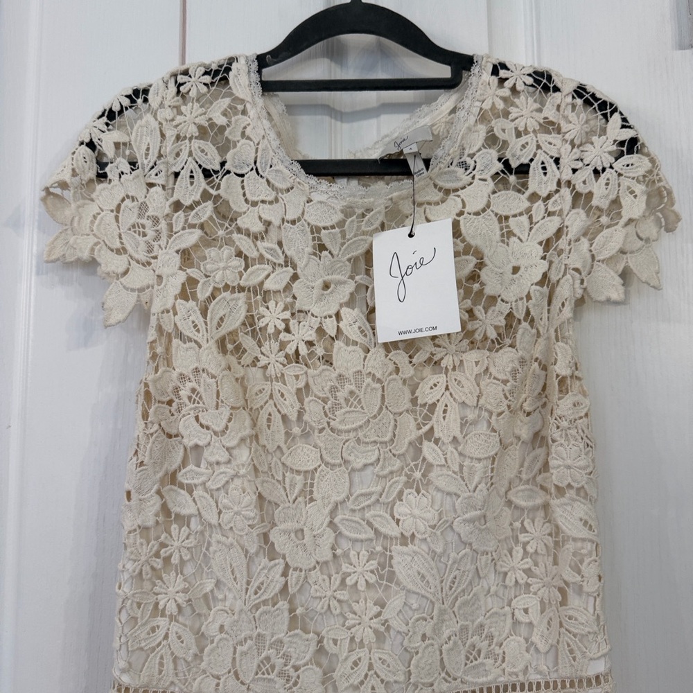 Joie Cream Floral Lace Cap-Sleeve Blouse